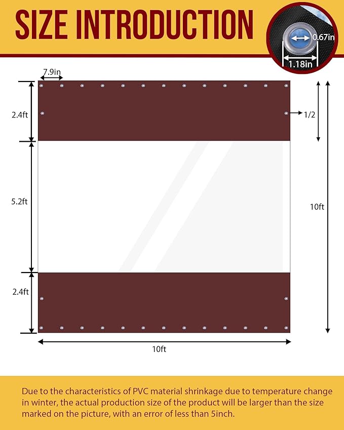 FoundGo 10'Hx10'W Vinyl Curtains for Patio,19oz Outdoor Clear Vinyl Patio Enclosure,Heavy Duty Clear Tarps Waterproof Vinyl Tarp with Grommets for Pergola, Porch,Gazebos,Balcony,-4℉ Cold Resistant