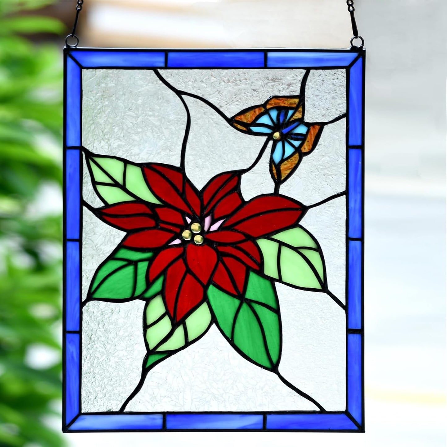 PA0020 Christmas Flower Stained Glass Hanging Panel-10 Wx13.25 H Window Suncatcher Tiffany Style Window Ornament, Handcrafted Poinsettia Flower Home Hanging Decorations