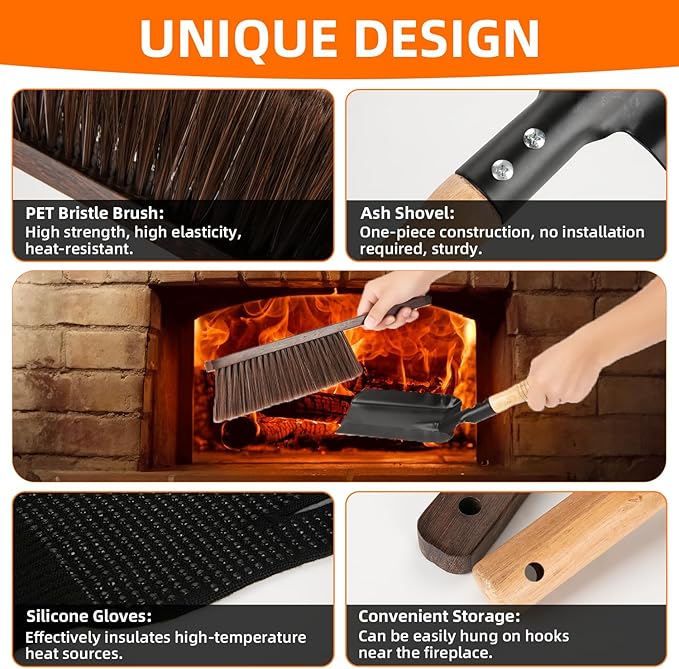 Fireplace Cleaning Tools Set Indoor, Fireplace Shovel for Ash, Fireplace Brush, Black Silicone Gloves, Outdoor Fireplace Tools for Fireplace Fire Pit,Camping,Barbecue,Wood Stove,Hearth