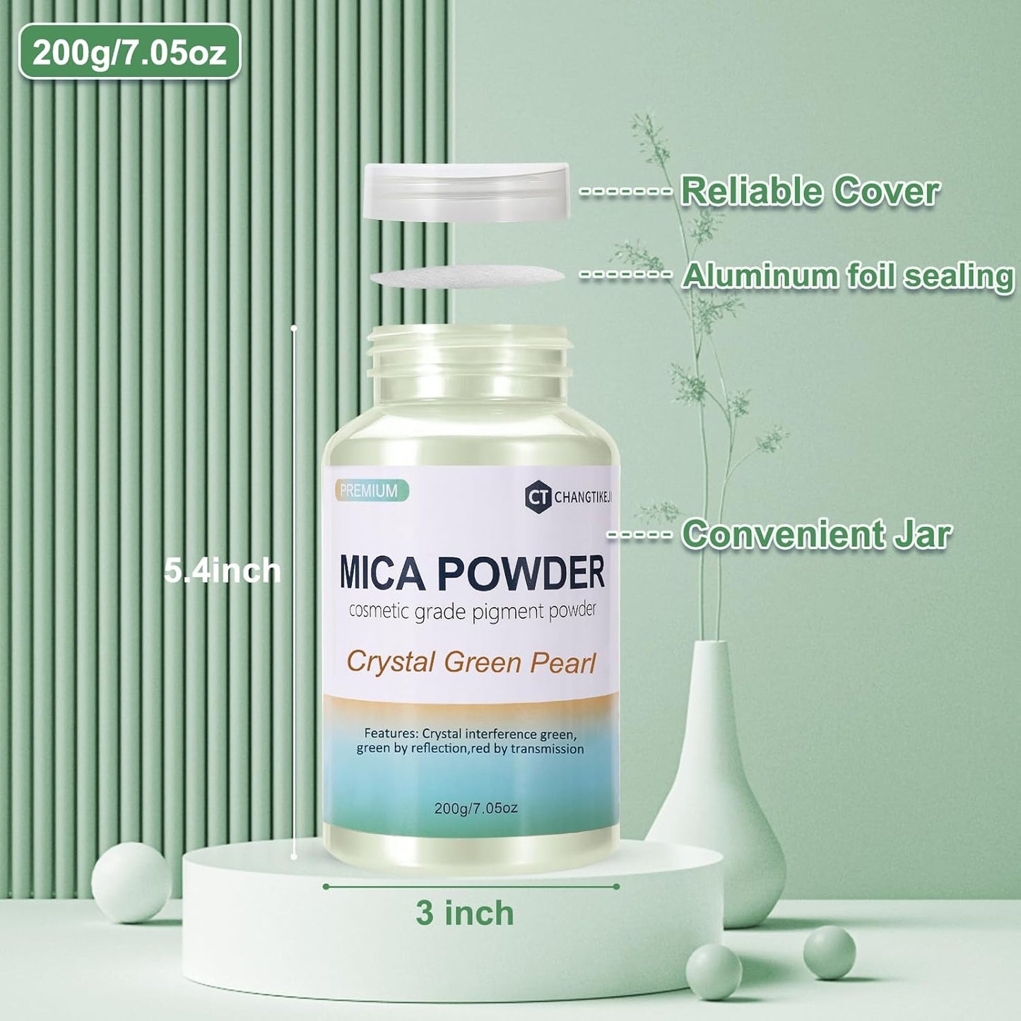 Mica Powder,7.05OZ（200g）,Crystal Green Pearl Mica Powder Pigment for Epoxy Resin，Lip Gloss，Car Paint，Dye，Soap Making，Nail Polish,Epoxy Resin,Candle Making,Bath Bombs