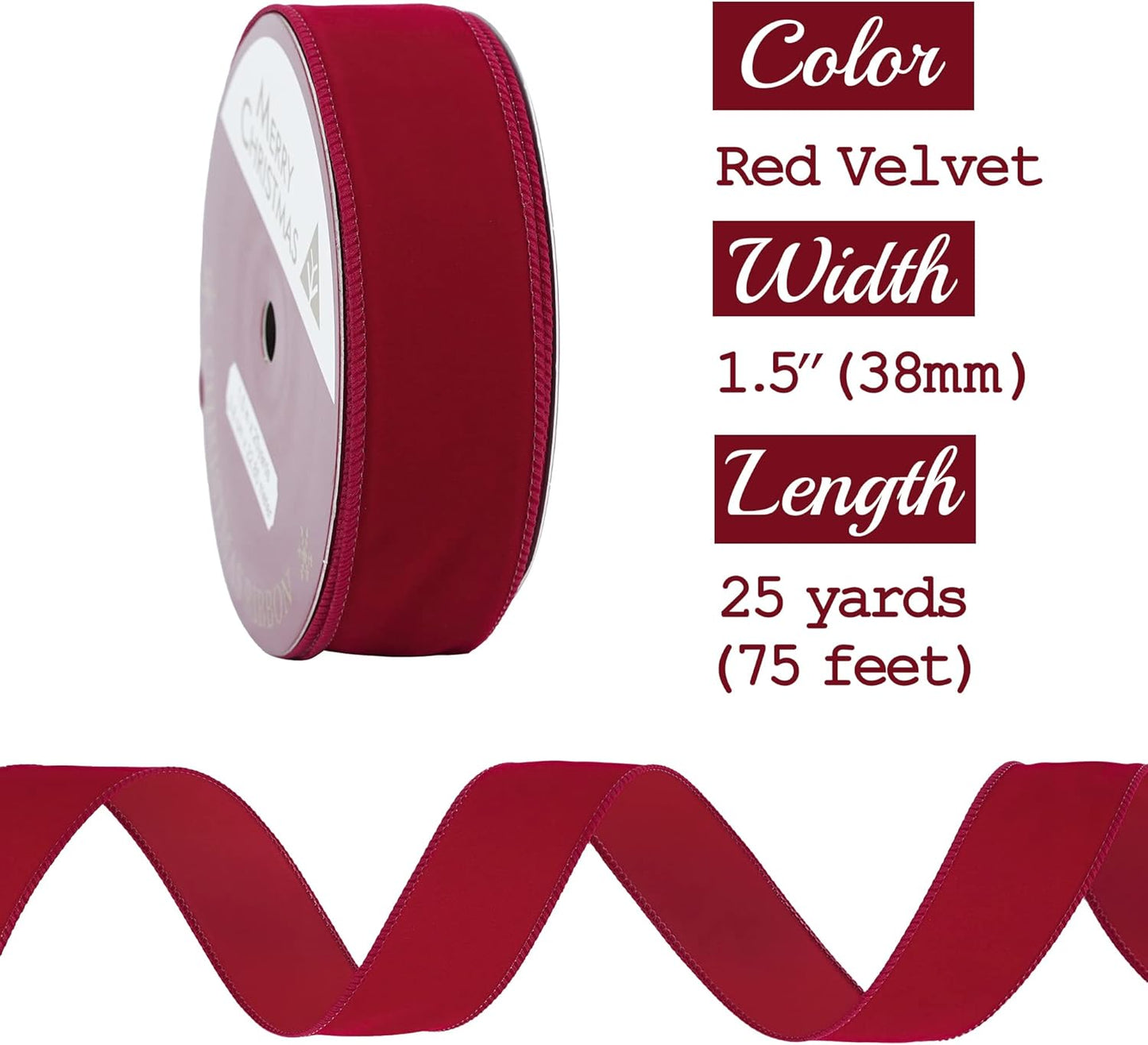MEEDEE 1.5 Inch Velvet Wired Ribbon - 25 Yards Dark Red, Perfect for Christmas Tree, Wreaths & Bows