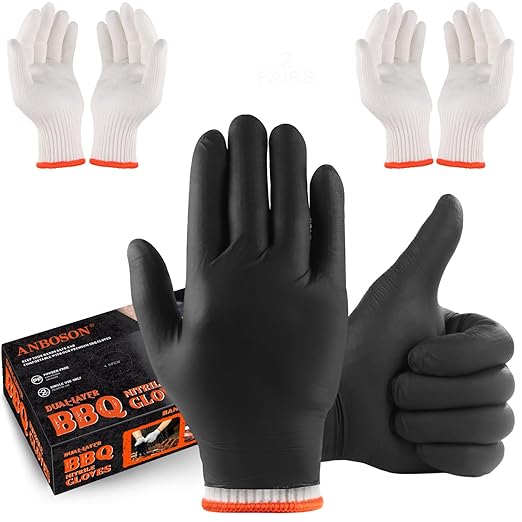 BBQ Gloves for Cooking Baking Grilling, 100 Count Disposable Nitrile Gloves and 4 Count Cotton Glove Liners Washable (6mil Nitrile, Large)