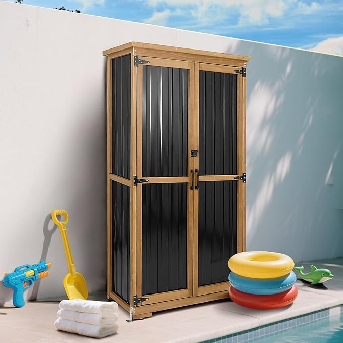 Outdoor Storage Cabinet, Wood & Metal Storage Shed with Weather-Resistant Roof, Removable Shelves, Lockable Doors, Outside Storage Tool Organizer for Garden, Patio, Backyard, Garage, Pool