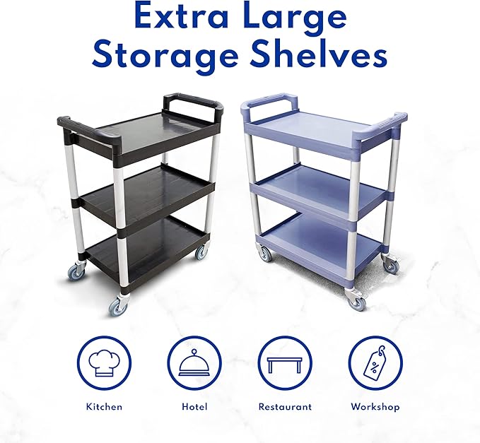 New Star Foodservice 54552 350-Pound Plastic 3-Tier Utility Bus Cart with Locking Casters, 42.5" x 19.5" x 38.5", Black