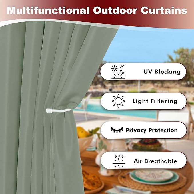 HolidayIdeas Grommet Outdoor Curtains for Patio Waterproof 8 Pcs All Weather Balcony Outside Curtain Drapes for Apartments, Gazebo, Pergolas, Porch, 54x84 Inch, Sage Green