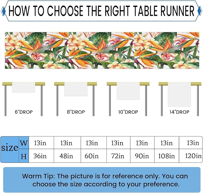 Tropical Exotic Flowers Bird Paradise Table Runner Kitchen Dining Table Runner 13*72in Table Center Decor for Indoor Outdoor Home Holiday Party