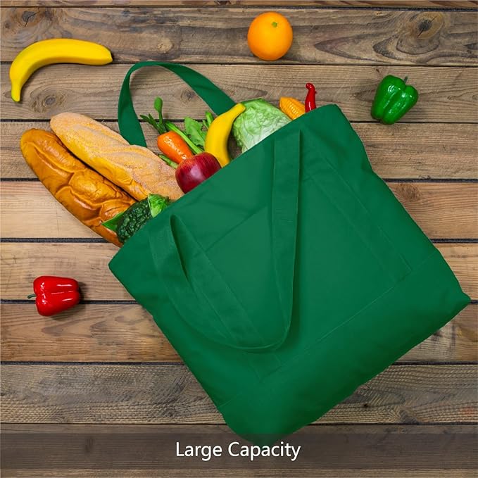 TOPDesign 3-Pack Canvas Tote Bags with an External Pocket, Reusable Grocery Shopping Bags, Top Zipper Closure, Daily Essentials (Green)