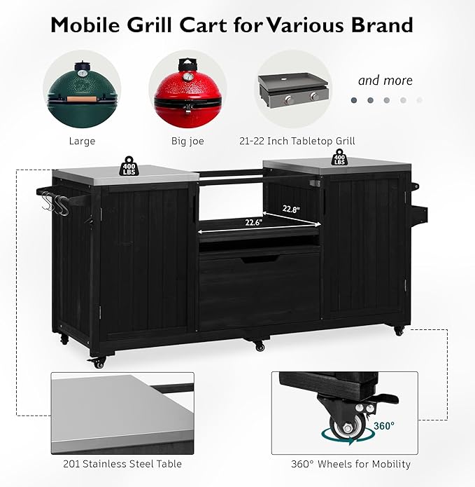 66.5" Outdoor Kitchen Island with Stainless Steel Top for Big Green Egg, Rolling Grill Cart with Adjustable Shelves, Lockable Wheels, Outdoor Table and Bar Storage Cabinet for Patio