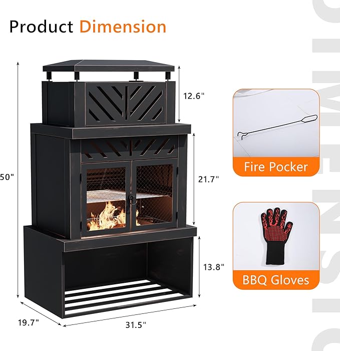 Outdoor Fireplace with Chimney and Wood Storage, Metal Wood Burning Fire Pit with Heat Resistant Gloves, Fire Poker and Grill Mesh, Outside Fireplace for Patio, Garden and Deck, Black