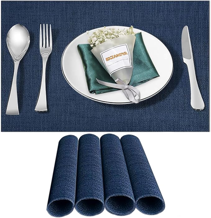 Placemats Set of 4,Washable,Heat and Stain Resistant Indoor/Outdoor Place mats,Vinyl Woven Non Slip Table Mats for Restaurant Table Protection,PVC Placemats(Navy Blue,4PCS)
