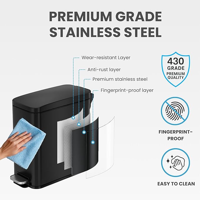 iTouchless SoftStep 3 Gallon (11.4L) Slim Bathroom Trash Can with Lid, Matte Black Stainless Steel Fingerprint-Proof, Silent Soft-Close Pedal, AbsorbX Odor Filter, Removable Bucket Dorm Bedroom Office