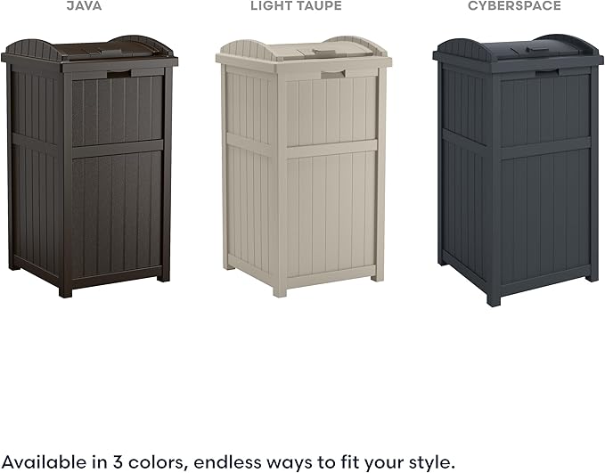 Suncast 33 Gallon Durable Plastic Hideaway Outdoor Garbage Can with Secure Lid and Wicker Design for Home Backyards, Decks, or Patios, Java Brown
