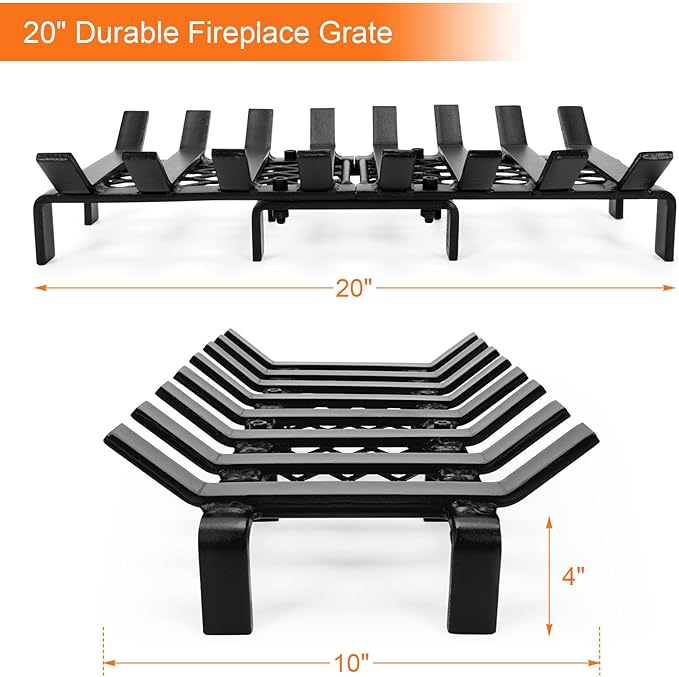 20" Fireplace Grate with Ember Retainer, Wood Stove Grate Rack, Heavy Duty Solid Steel 8-Bars Firewood Holder, Easy-Assembly Fire Grate for Indoor Hearth Outdoor Firepit - Matt Black
