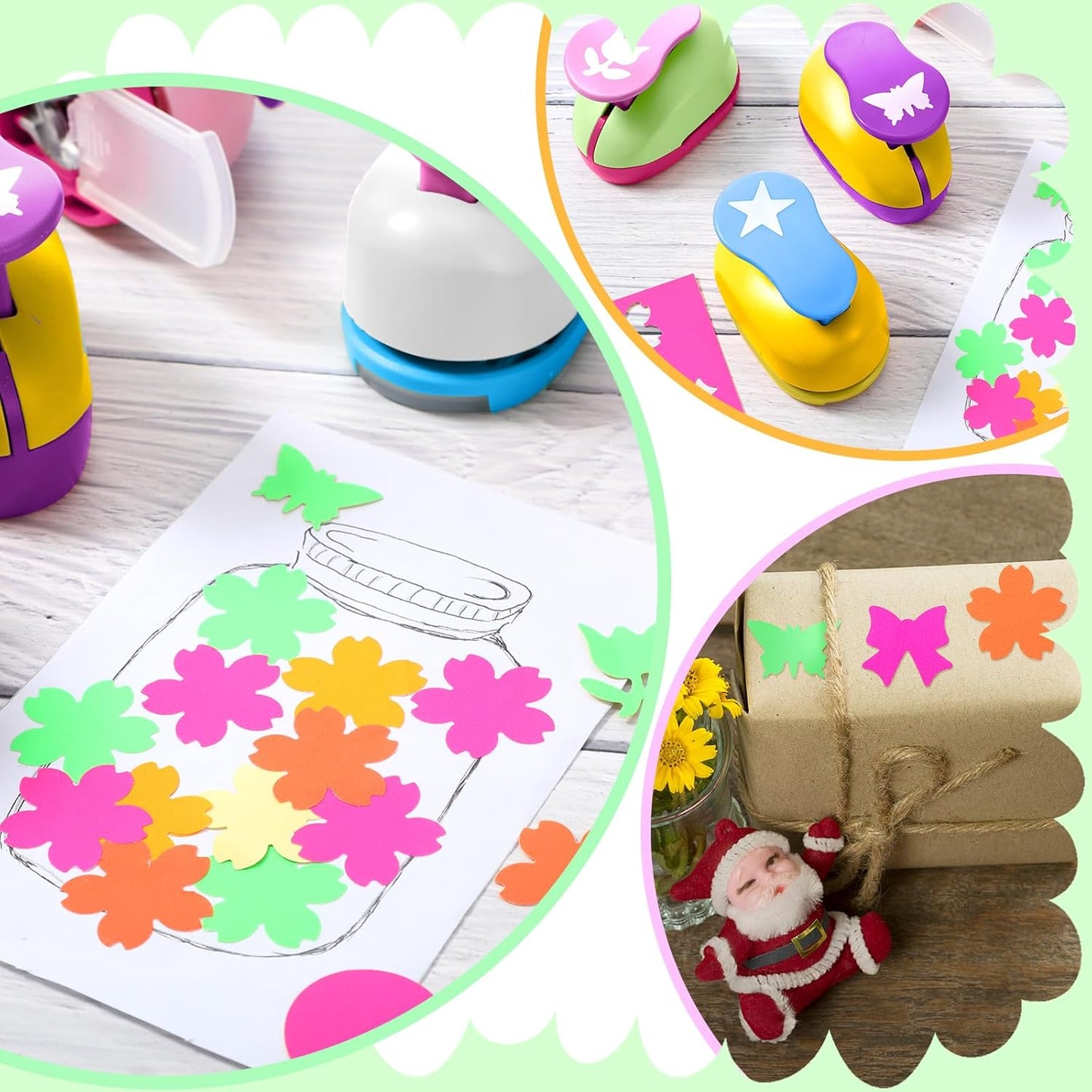 CHENGU 16 Pcs Craft Holes Punch Paper Punchers Scrapbook Punches with Craft Sticker Paper, Round, Star, Square, Heart, Flower, Wave Circle Shape (1 Inch,Fresh Style)