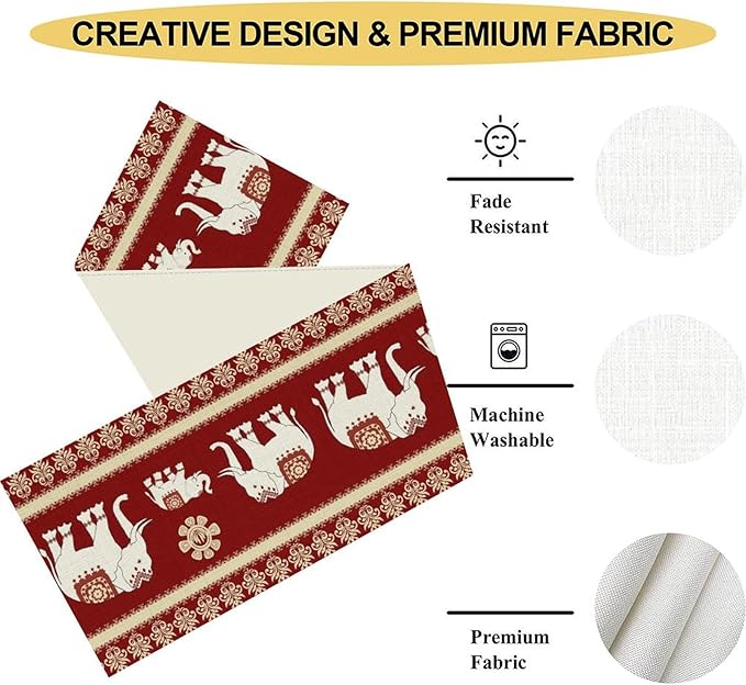 African Tribe Table Runner, Boho Red Elephants Tribal Traditional Diwali India Animal Ethnic Folk Rustic Coffee Table Center Decor for Home Kitchen Holiday Party Outdoor Table Decorations, 13"x36"