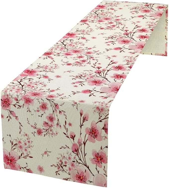 Cherry Flower Table Runner, Seasonal Spring Cherry Blossoms Branches Watercolor Floral Print Table Cover for Kitchen Dining Table Indoor Outdoor Party Decor, 13x120inch