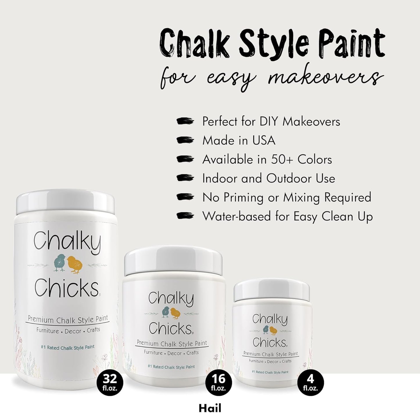 Chalky Chicks All-in-One Chalk Paint for Furniture or Cabinet - 32 Fl Oz - Matte Finish Hail White for Metal, Wood Furniture Paint - No Sanding All-in-One for Home Decor & Crafts, USA Made