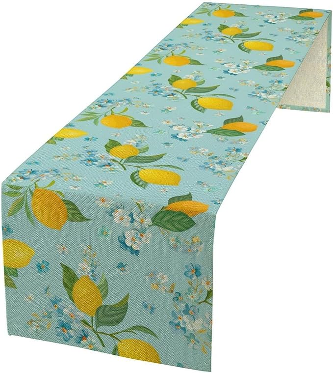 Farmhouse Lemon Fruit Table Runner,Nature Aesthetic Blue Flowers Plant Farmhouse Dining Table Decoration for Home Holiday Party Dresser Kitchen Cabin Restaurant Wedding Decor 13×90in