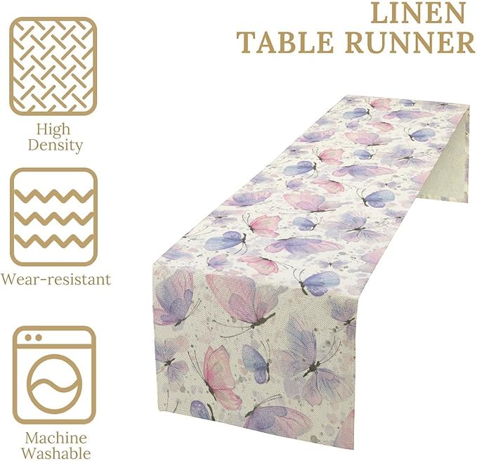 Watercolor Butterfly Table Runner, Pink Purple Butterfly Splash Spot Doodle Art Table Runner for Holiday Kitchen Dining Outdoor Home Party 13x90in