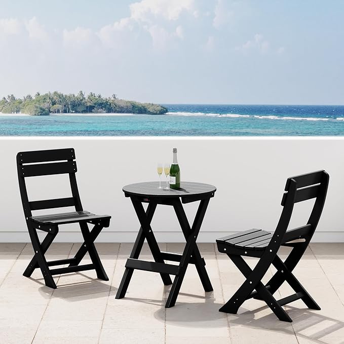 Costaelm Paradise 3-Piece Outdoor HDPE Folding Patio Bistro Table and Chairs, Black