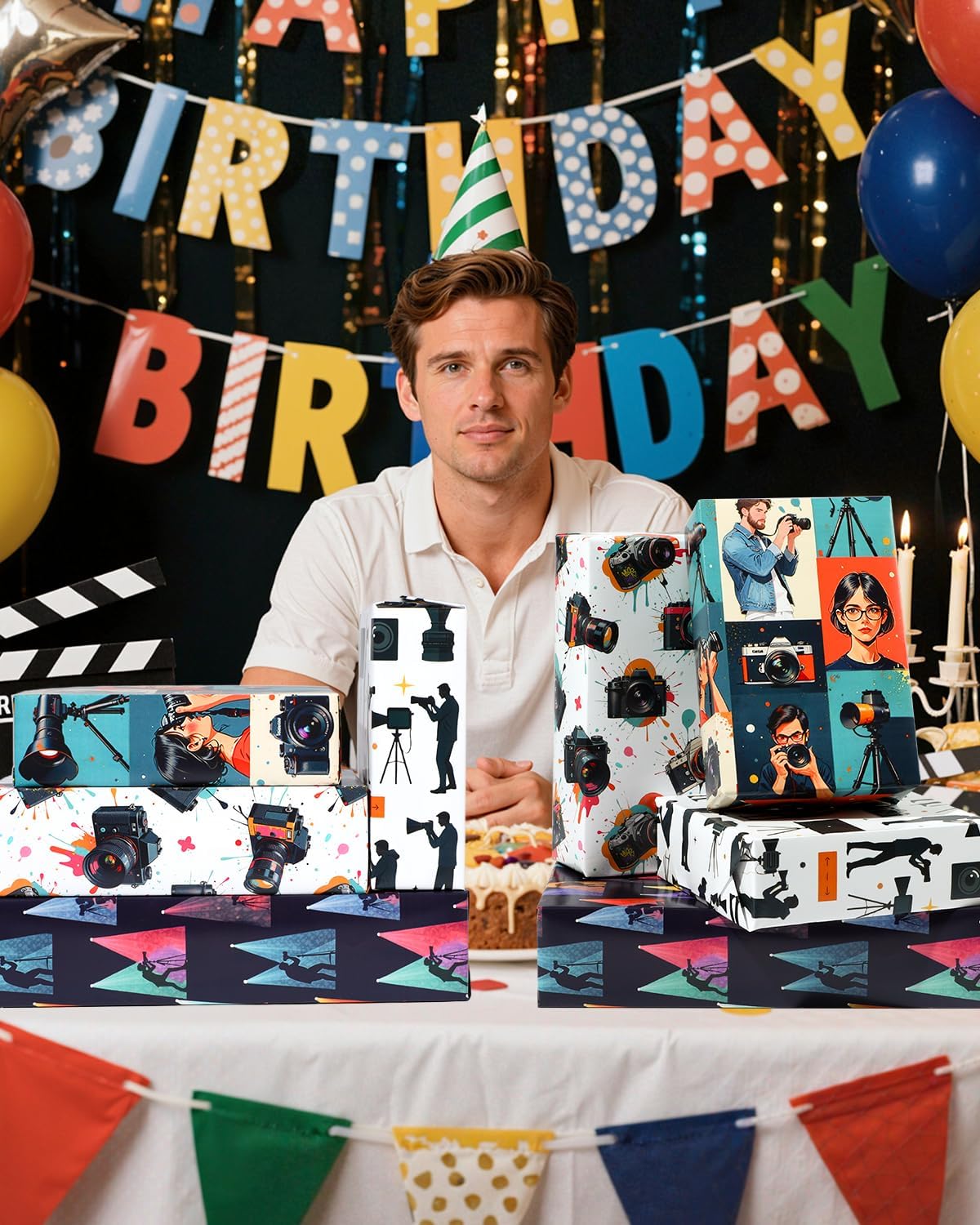 Pineraap 12 Sheets Photographer Wrapping Paper, Photography Gift Wrap Paper with Equipment, Camera, Photos & Scenes, Folded Flat Art Paper for Birthday DIY Crafts, 19.7 x 27.6 Inch (B)