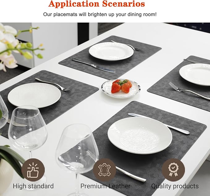 Vinyl Placemats Set of 4 Heat Resistant Easy Clean Non-Slip Place Mats for Dining Table. Faux Leather Waterproof Stain Resistant Wipeable Washable PU Table Mats(4, Gray)