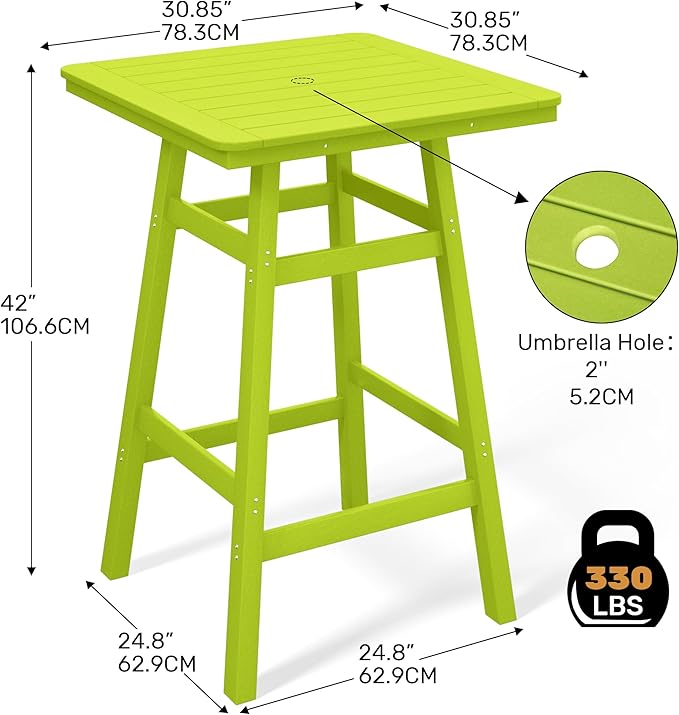 Costaelm Outdoor Bar Table, 42" Counter Height Square Patio Cocktail Bar Table with Umbrella Hole, Patio Bistro Dining Pub Table for Front Porch Deck Backyard Garden, Lime