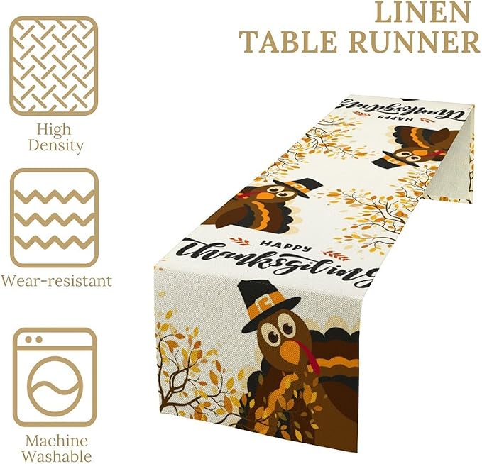 Thanksgiving Turkey Table Runner, Cartoon Turkey Autumn Branch Yellow Leaves Fall Harvest Kitchen Dining Table Decoration for Indoor Outdoor Farmhouse Home Party Decor, 13x108inch