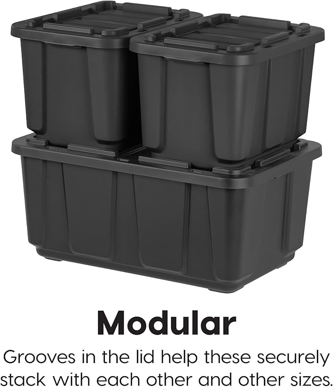 IRIS USA 4-Pack 12 Gallon Storage Bins with Lids |Made in USA| Heavy Duty Plastic Tote Containers for Truckbed Tool Box Organization, Large - Black