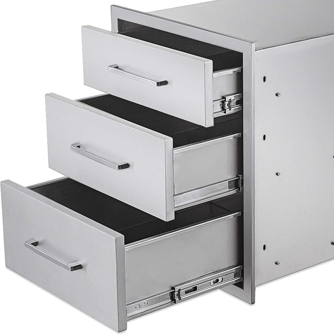 Outdoor Kitchen Drawers Stainless Steel 3-Drawer BBQ Drawer 16" W x 21" H x 23" D Enclosed Built-in Drawer Flush Mount for Outdoor Kitchens & BBQ Islands
