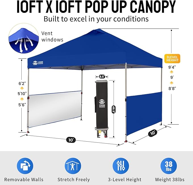 CROWN SHADES 10x10 Pop up Canopy Tent Instant Canopy with 150D Silver Coated Fabric Including 2 Half Sidewalls, 4 Ropes, 8 Stakes, 4 Weight Bags, STO 'N Go Bag, Navy Blue