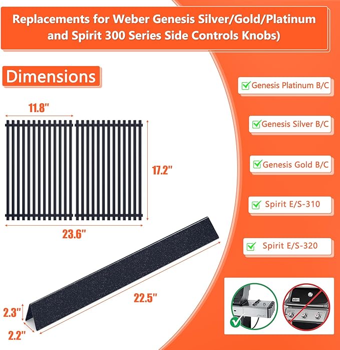 22.5" Flavorizer Bars & 17.5" Grill Grates for Weber Genesis Silver B/C, Genesis Gold Platinum B/C, Weber Spirit 300 with Side Knobs, Spirit 700, Grill Parts for Weber Spirit 900, Weber 7537 7525