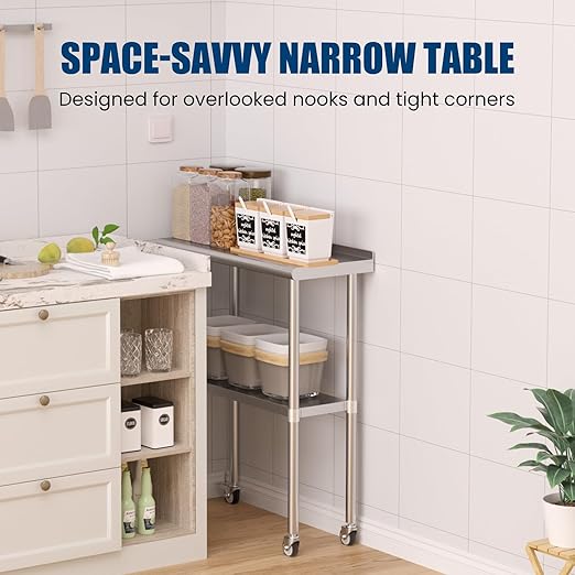 Stainless Steel Work Table with Wheels, 14x30 Inch NSF Food Prep Table with Backsplash & Adjustable Undershelf for Commercial Kitchen, Restaurant, Garage