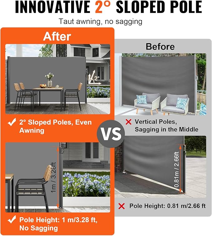 VEVOR Retractable Side Awning, UV 50 71''x118'' Full Aluminum Rust-Proof Outdoor Privacy Screen, 280 g Thicken Folding Room Divider Fence & Wind Screen for Backyard, Balcony, Roof Terraces, Grey