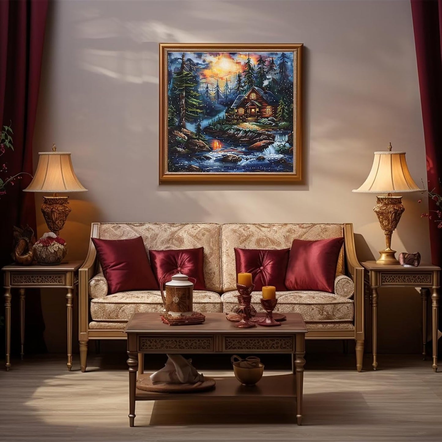 Xinpinzhou Creek Landscape 11ct Cross Stitch Kits, 11 CT Funny Pre Printed Counted Stamped Cross Stitch Embroidery Needlepoint Needlework Patterns Kits for Beginners Adults Crossstitch 40x40 cm