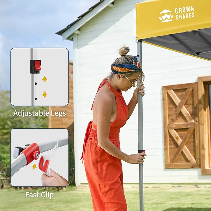CROWN SHADES 8x8 Pop Up Canopy with 1 Side Wall - Beach Tent with One Push Setup - Outdoor Sun Shade for Events, Parties, Camping - Gazebo with STO-N-Go Cover Bag (Yellow)