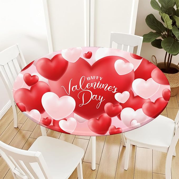 Valentines Day Round Fitted Tablecloth with Elastic Red White Love Heart Circle Table Cloth for 40-44" Round Tables Wipeable Waterproof Washable Valentine Table Cover for Picnic Dining Party Decor