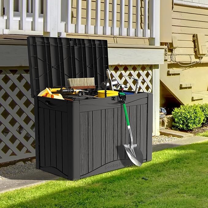 45 Gallon Resin Deck Box, Waterproof Outdoor Storage Box for Patio, Poolside, and Garden, Lockable UV-Resistant Storage Bin Bench Cabinet for Small Spaces, Black