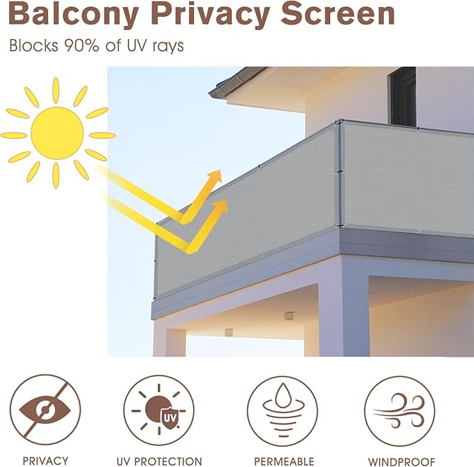 SUNNY GUARD 3'x10' Light Grey Balcony Deck Privacy Screen Fence, Apartments Railing, Heavy Duty Wind Screen for Outdoor,Deck,Backyard,Patio Privacy（We Make Custom Sizes）