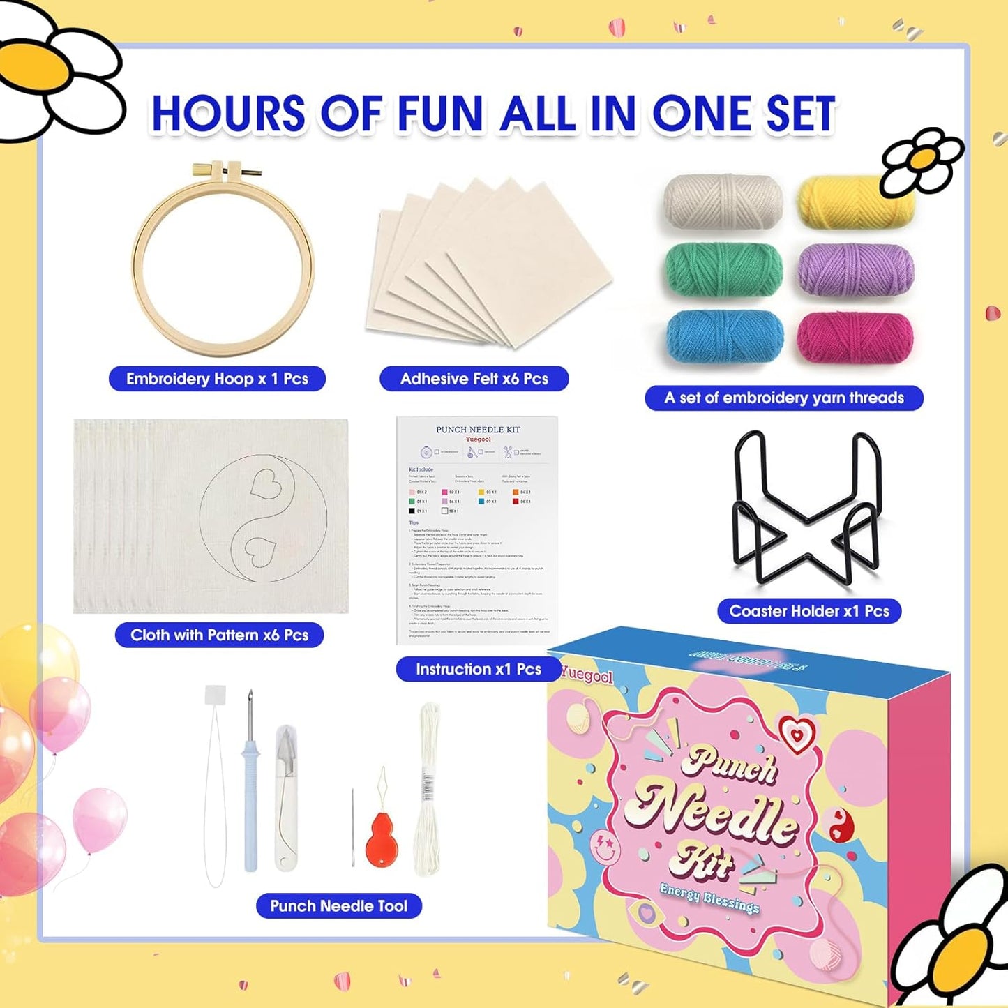 yuegool 6PCS Energy Punch Needle Coasters Kit,Easy DIY Punch Needle Embroidery Kit for Beginners Adults Kids Including Patterns, Tools, Yarns, Hoop, Instruction, Coaster Holder Art Craft Supplies