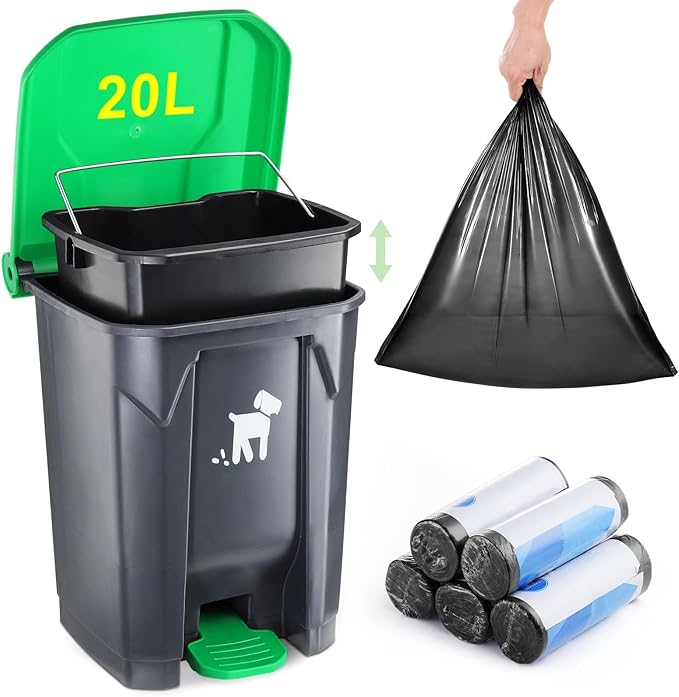 Dog Poop Trash Can Outside, 20L Pet Waste Container with Removable Inner Waste Bin, 150 Waste Bags, Outdoor Pet Poop Trash Bin for Small/Large Dog Families