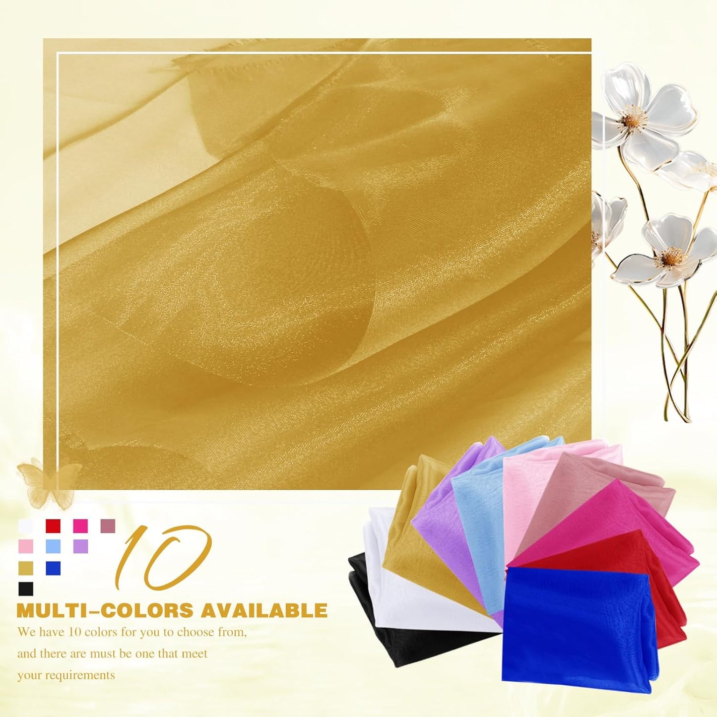 VACVELT Sheer Organza Fabric by The Yard, 60 Inch Wide Gold Organza Fabric Bolt Bridal Sheer Tulle Fabric, Silk Organza Roll for Wedding Party Decorations Backdrop Curtain (2 Yards)