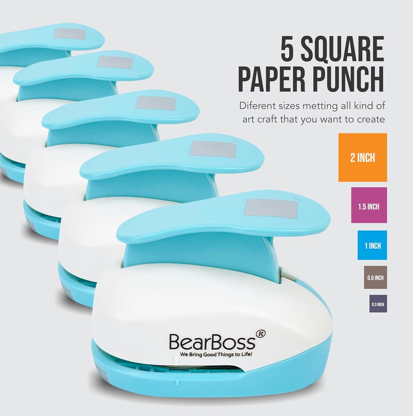 BearBoss Square Paper Punch Set, 5 Different Sizes, Scrapbooking Crafting Tool, Classic White