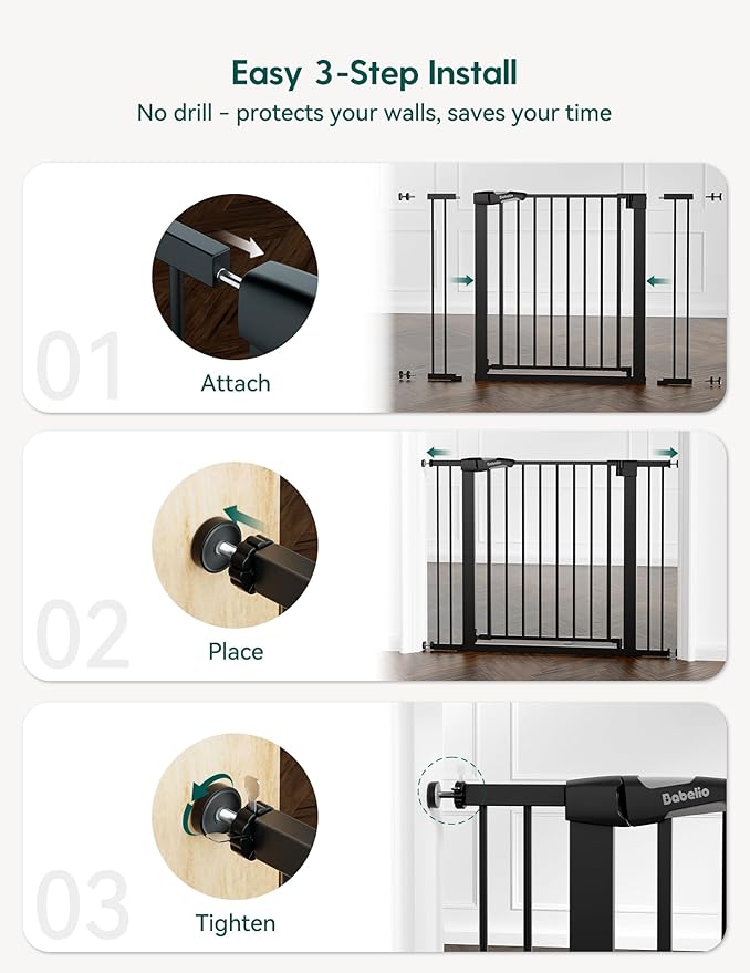 BABELIO 36" Tall Baby Gate, 29-48" Auto-Close & Pressure Mounted, Black Steel Dog Gate for Stairs & Doorways