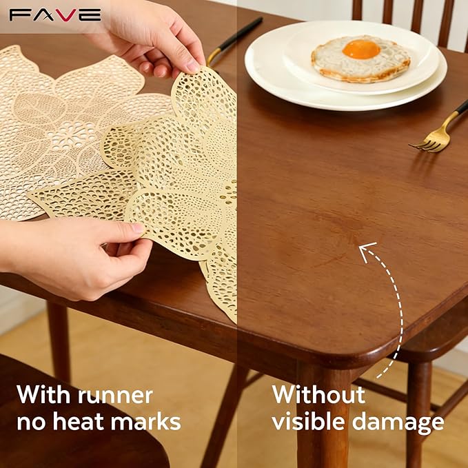 FAVE Gold Table Runners 36 Inches Heat Resistant Table Runner Flower Shaped Vinyl Table Runner Waterproof Washable Table Mats for Wedding, Banquet, Birthday,Party,Restaurant(Gold Flower Shaped)