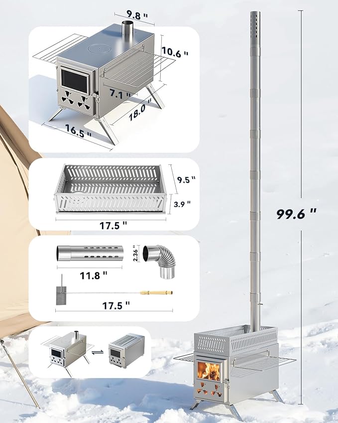 Sauna Hot Tent Stove, Camping Wood Burning Stove with 8 Stainless Chimney Pipes, Portable Folding Wood Stove for Tent, Outdoor Heating, Cooking, Ice Fishing, Hunting