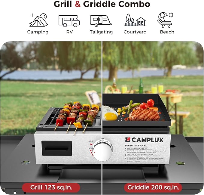 CAMPLUX Propane Gas Griddle Grill Combo 11,000 BTU, Portable Camping Griddle Ceramic Coated, 18-Inch Tabletop Grill with 20 lbs and RV Regulator for Camping, RV Picnic and Tailgating