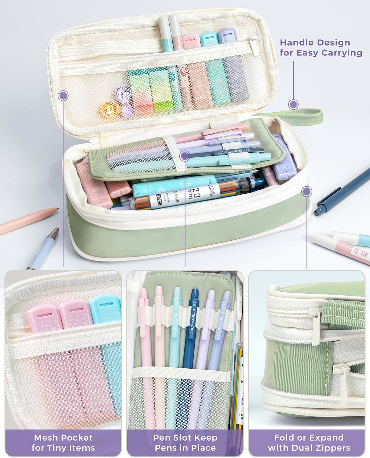 Four Candies 36PCS Aesthetic School Supplies, Mechanical Pencil Set 0.5mm, 0.7mm, 0.9mm & 2.0mm with 624 Lead Refills, Back to School Supplies for Writing & Drawing, Ideal Stationary Set Gift (Green)