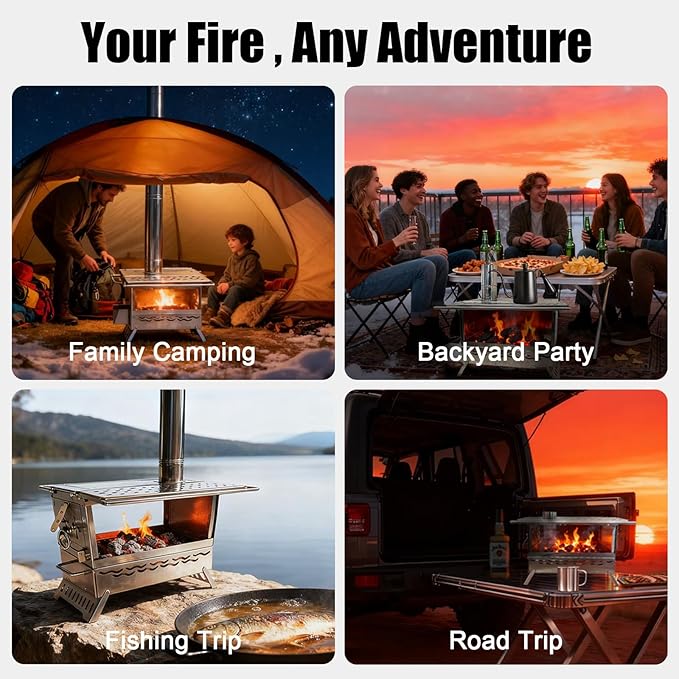 Hot Tent Stove, One-piece Molded Wood Burning Stove with Extra Baking Tray, Outdoor Stainless Steel Stove with 6 Chimney Pipes for Outdoor Heating, Cooking, Fishing(Non-Foldable, More Stable)