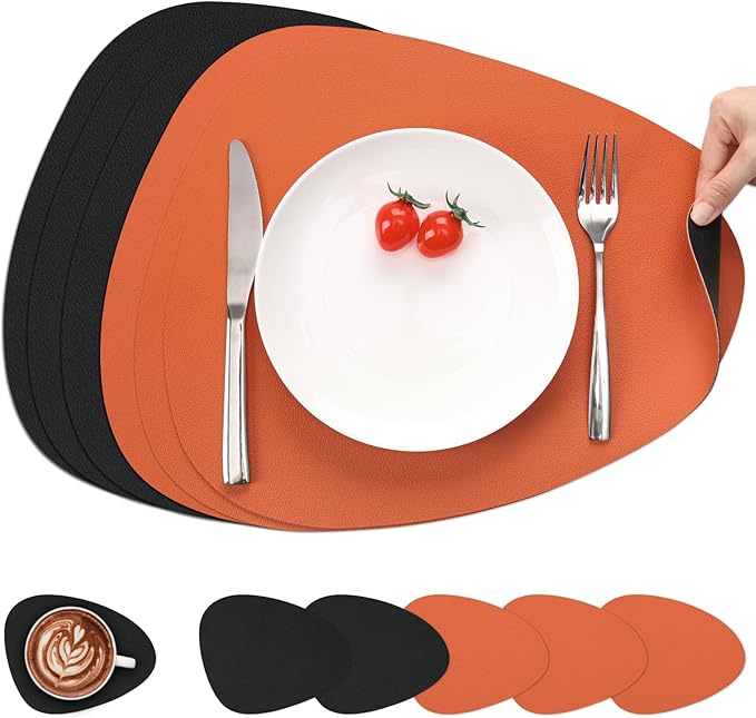 Myir JUN Placemats, Dual-Sided Placemats Waterproof Faux Leather Placemats Set of 6 Place Mats and Coasters Non-Slip Washable Table Mats for Dining Table (Black Orange, Set of 6)